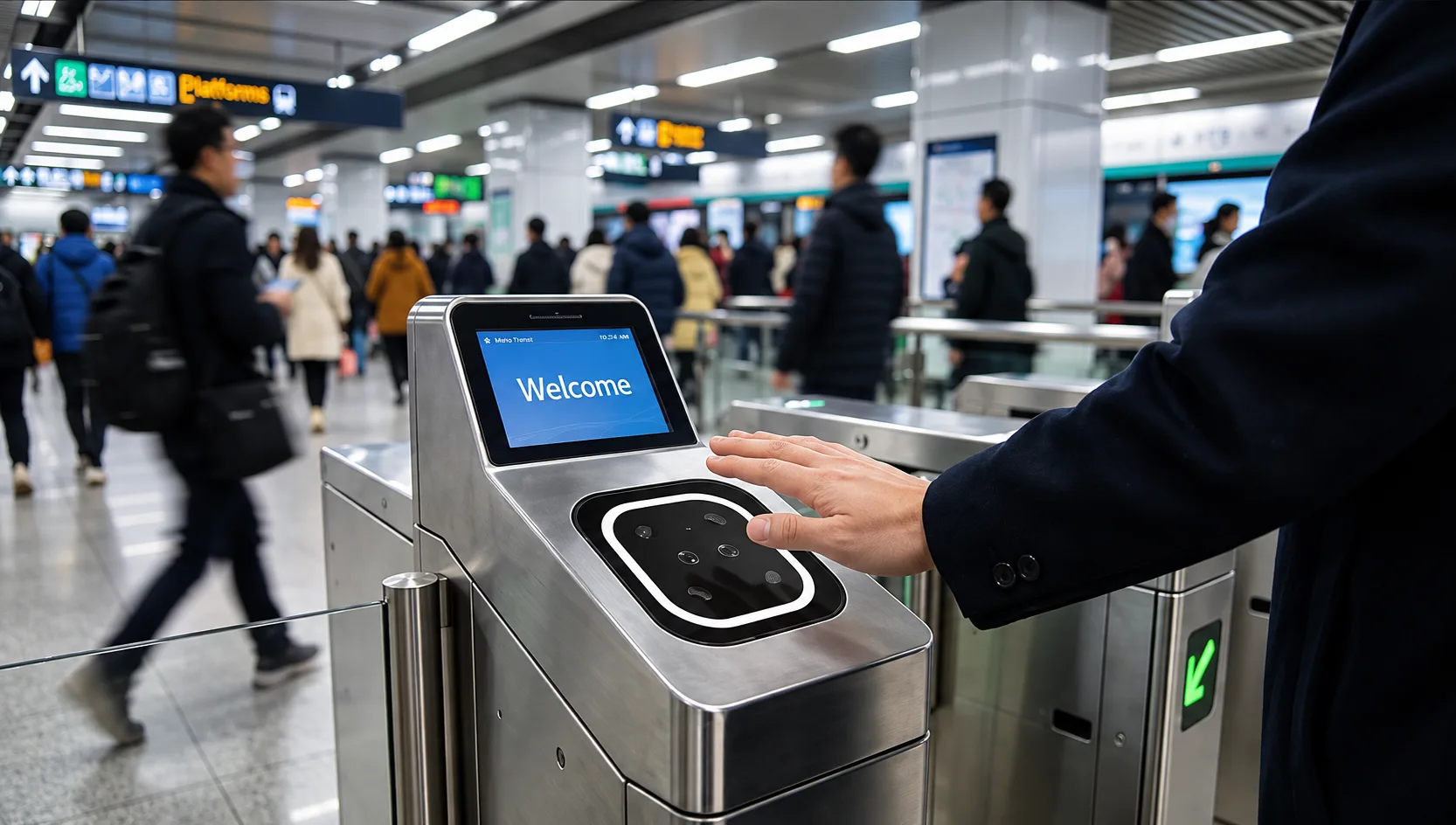 Commuter hovering a palm over a metro transit gate reader displaying a welcome screen
