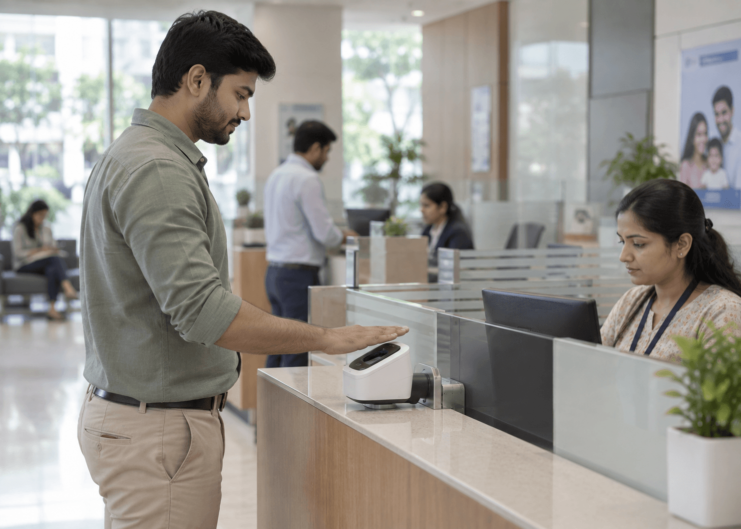 A customer hovering a palm over a terminal at a bank branch counter while a teller verifies the transaction