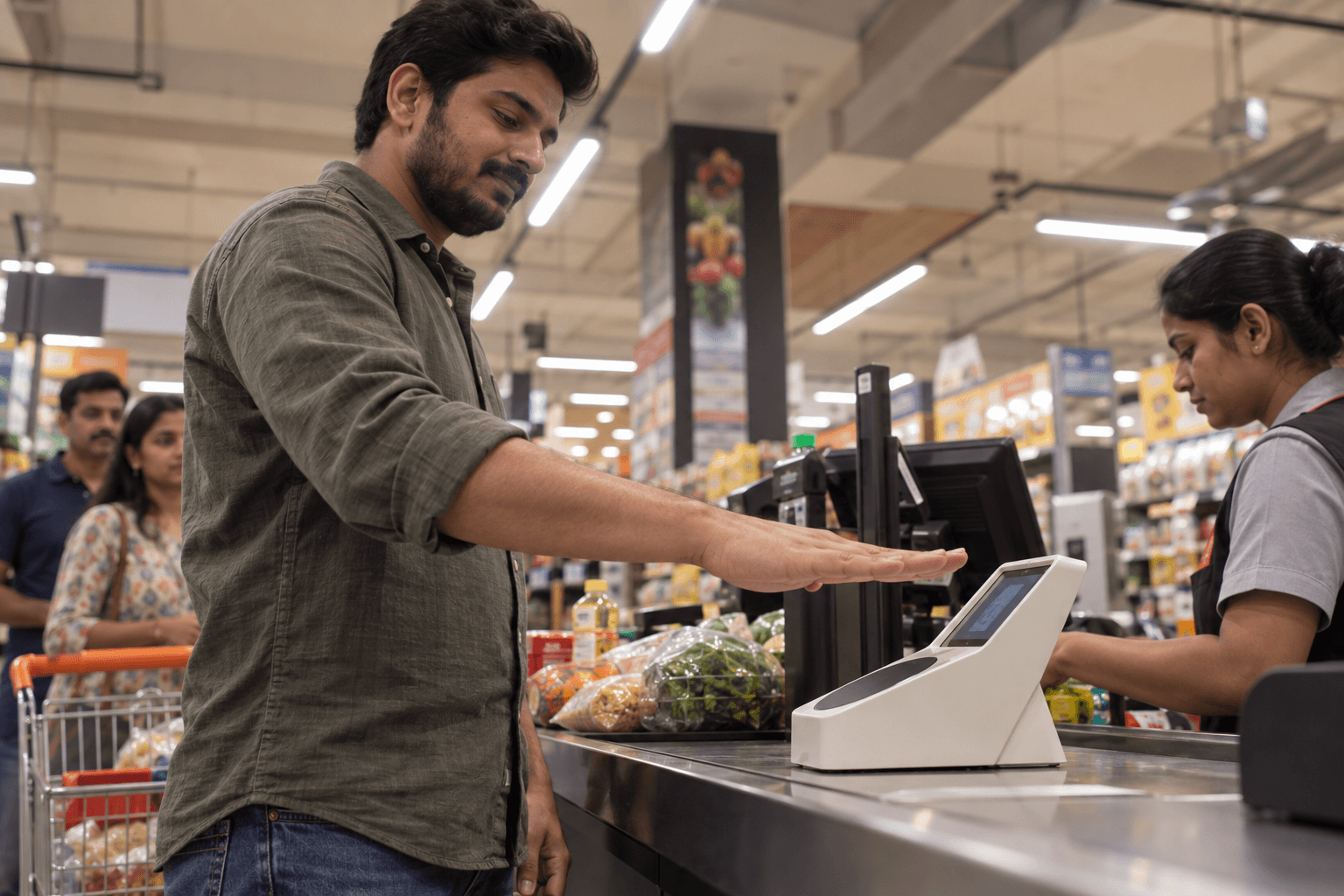 Customer hovering a palm over a payment terminal at a supermarket checkout counter