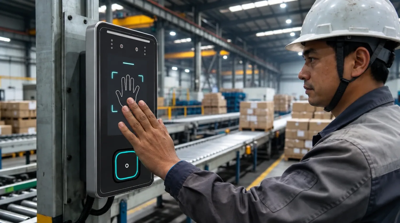 Warehouse worker holding a palm over a wall-mounted access scanner beside a conveyor line