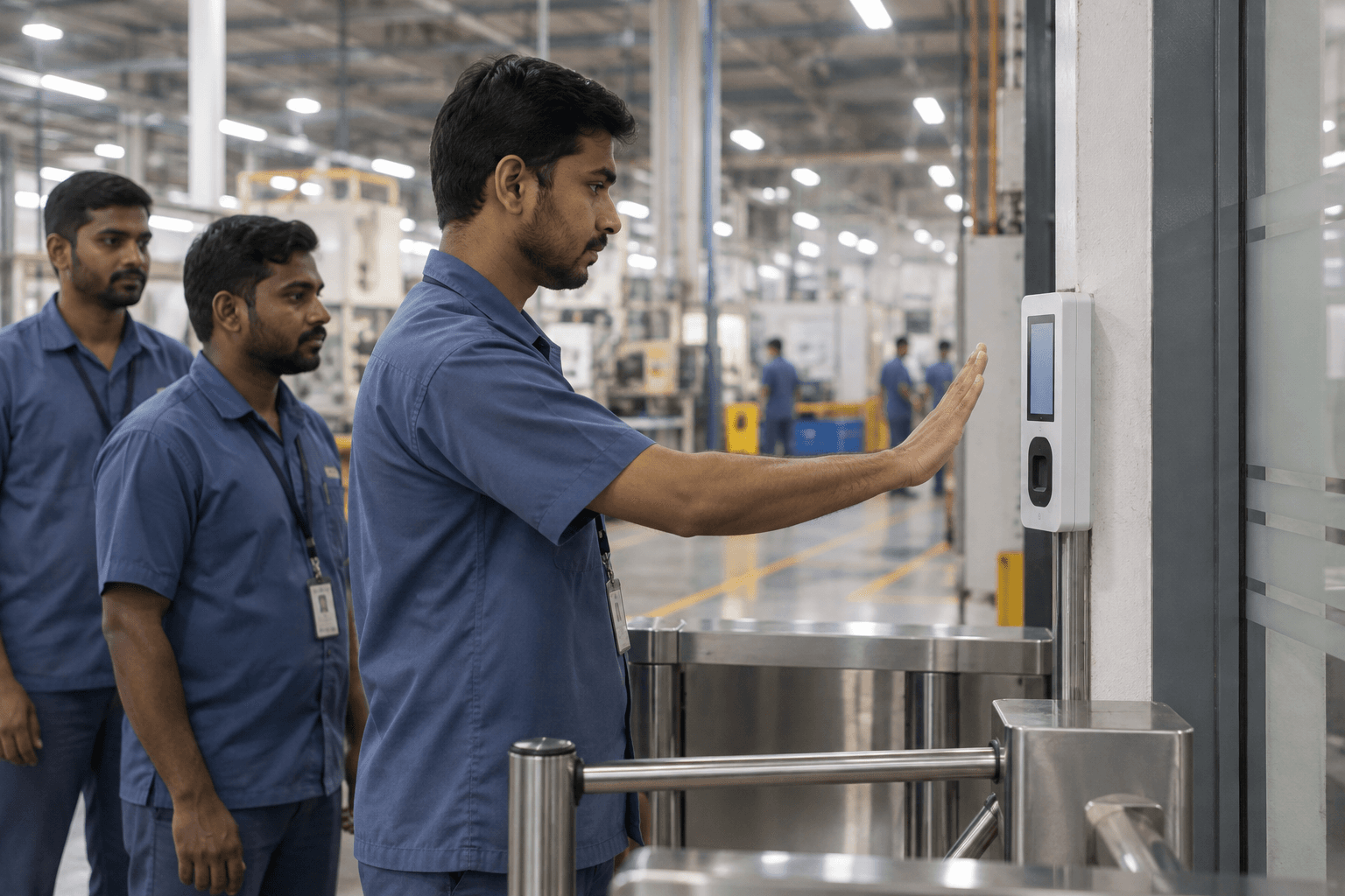 Workers verifying palms at a factory turnstile gate