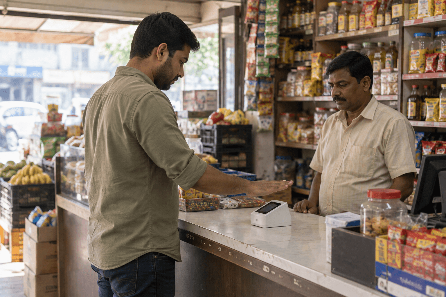 Customer hovering a palm over a counter terminal at a kirana store