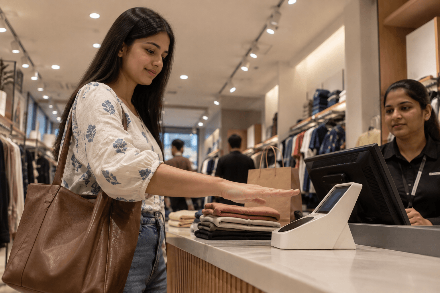 Customer hovering a palm over a counter terminal at a retail till