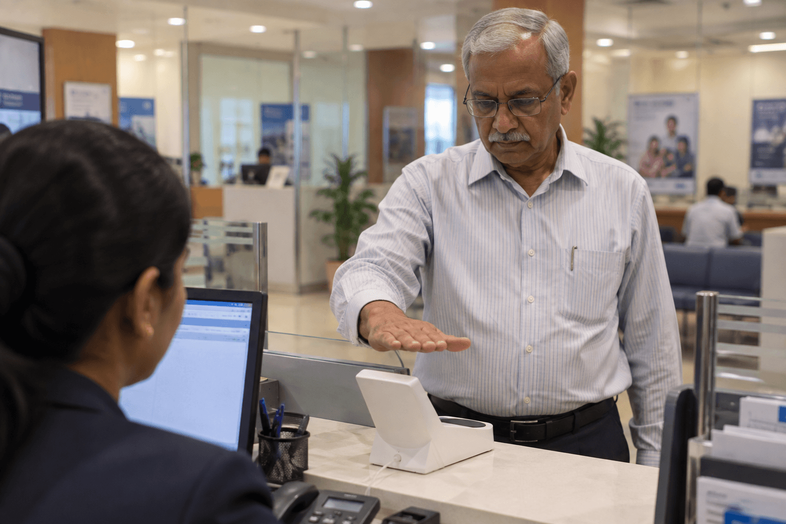 Customer hovering a palm over a terminal at a bank branch counter