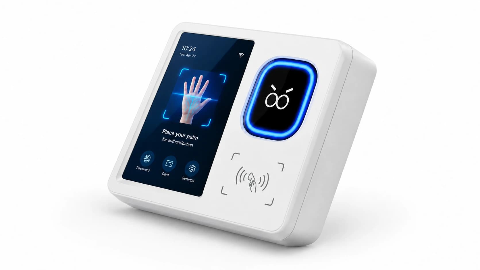 PalmPay contactless palm-vein payment terminal on a clean counter