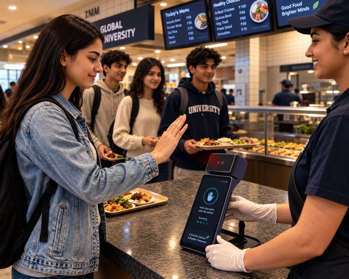 Student hovering a palm over a payment terminal at a university cafeteria counter